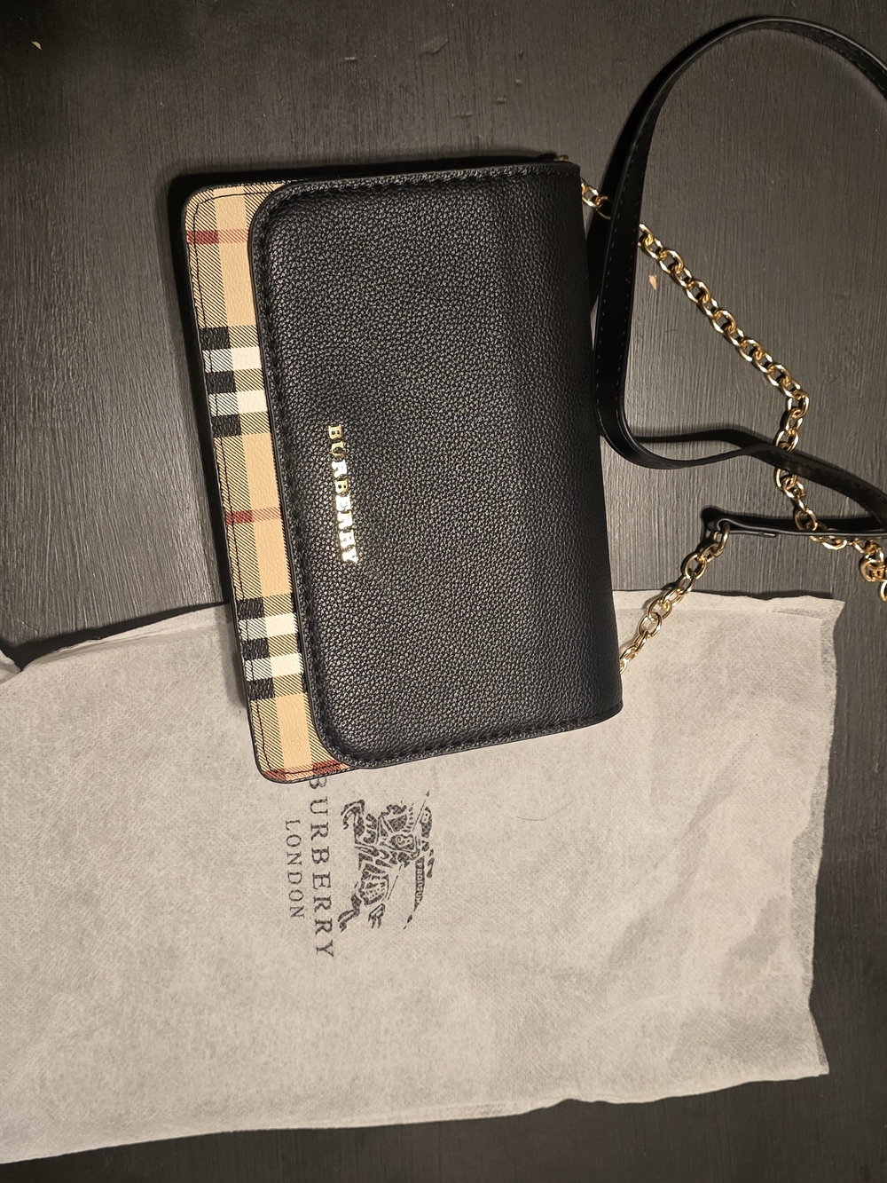 Burberry Black Leather & Classic Check Crossbody Wallet with Gold Chain
